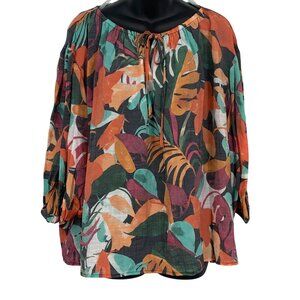 Zac & Rachel Womens XL Extra Large Tropical Peasant Blouse Top 3/4 Sleeve New